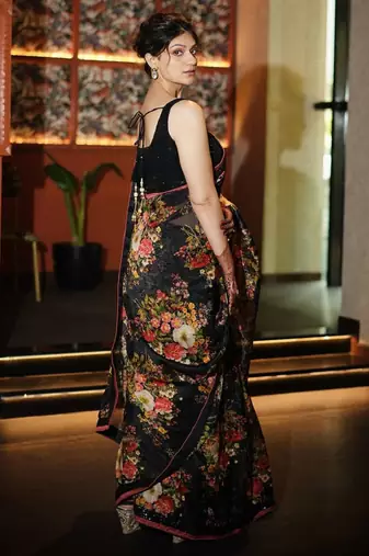 Enthralling Black Floral Orangza Wedding Wear Saree With Blouse