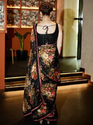 Enthralling Black Floral Orangza Wedding Wear Saree With Blouse 4