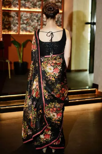 Enthralling Black Floral Orangza Wedding Wear Saree With Blouse