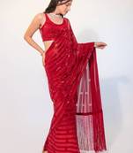 Red Sequins Georgette Event Wear Bollywood Saree With Blouse
