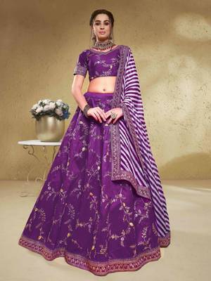 Purple Thread Embroidered Mulbury Silk Indian Wedding Lehenga Dress 1