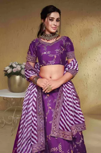 Purple Thread Embroidered Mulbury Silk Indian Wedding Lehenga Dress