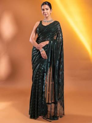 Green Sequins Georgette Party Wear Bollywood Saree With Blouse 5