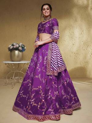 Purple Thread Embroidered Mulbury Silk Indian Wedding Lehenga Dress 3