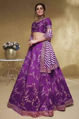 Purple Thread Embroidered Mulbury Silk Indian Wedding Lehenga Dress