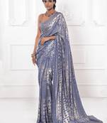 Grey Sequins Georgette Cocktail Designer Party Wear Saree