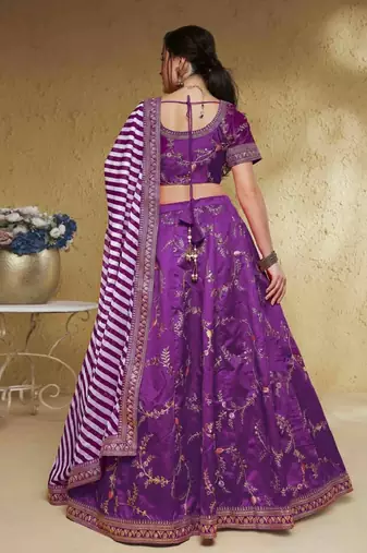 Purple Thread Embroidered Mulbury Silk Indian Wedding Lehenga Dress