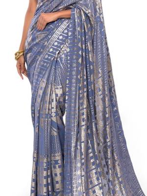 Grey Sequins Georgette Cocktail Designer Party Wear Saree 2