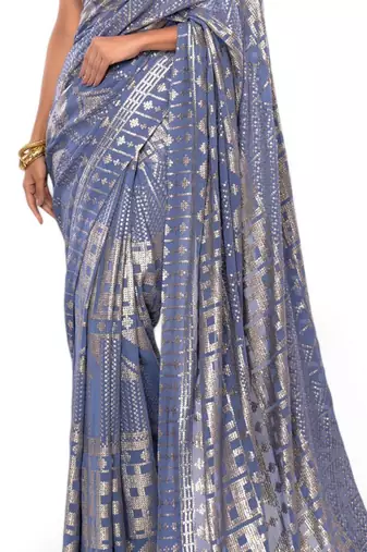 Grey Sequins Georgette Cocktail Designer Party Wear Saree
