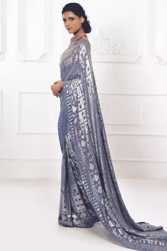 Grey Sequins Georgette Cocktail Designer Party Wear Saree