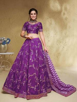 Purple Thread Embroidered Mulbury Silk Indian Wedding Lehenga Dress 5