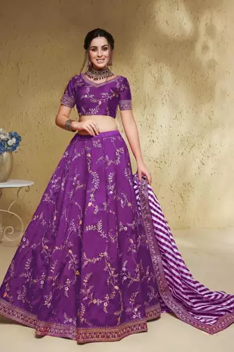 Purple Thread Embroidered Mulbury Silk Indian Wedding Lehenga Dress