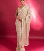  Ivory Sequins Georgette Designer Wedding Saree With Blouse