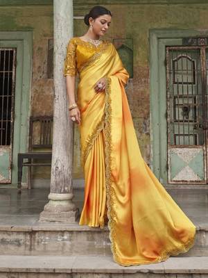 Dazzling Alphanso Yellow Sequined Satin Festive Wear Bridsmaild Saree With Blouse 1