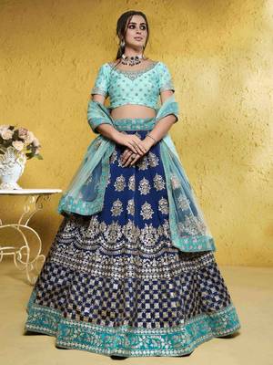 Blue Sequins Embroidered Tapeta Silk Wedding Indian Lehenga Designs 1