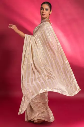  Ivory Sequins Georgette Designer Wedding Saree With Blouse