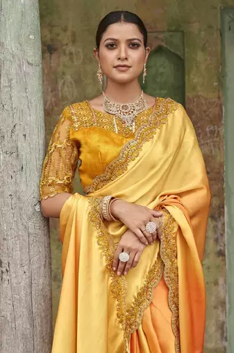 Dazzling Alphanso Yellow Sequined Satin Festive Wear Bridsmaild Saree With Blouse