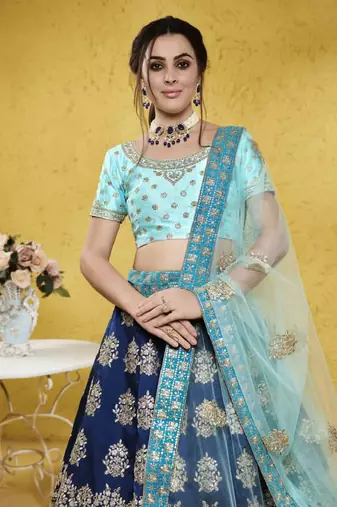 Blue Sequins Embroidered Tapeta Silk Wedding Indian Lehenga Designs