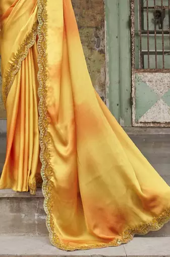 Dazzling Alphanso Yellow Sequined Satin Festive Wear Bridsmaild Saree With Blouse