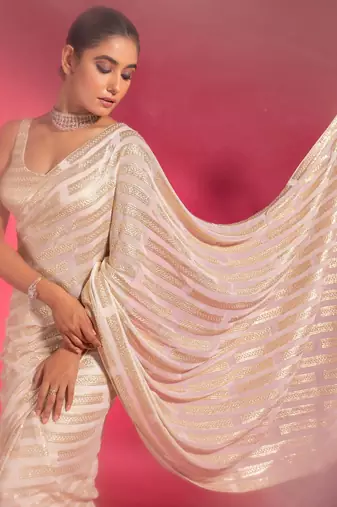  Ivory Sequins Georgette Designer Wedding Saree With Blouse