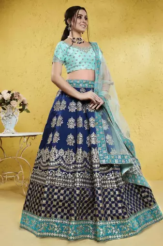 Blue Sequins Embroidered Tapeta Silk Wedding Indian Lehenga Designs