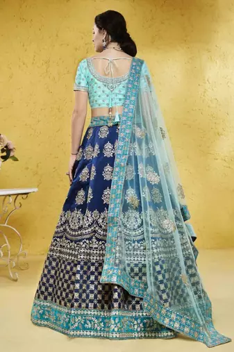 Blue Sequins Embroidered Tapeta Silk Wedding Indian Lehenga Designs