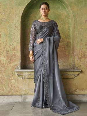 Winning Grey Sequined Embroidered Satin Party Wear Bridal Saree With Blouse 1