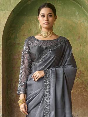 Winning Grey Sequined Embroidered Satin Party Wear Bridal Saree With Blouse 2