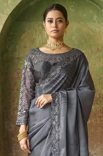 Winning Grey Sequined Embroidered Satin Party Wear Bridal Saree With Blouse