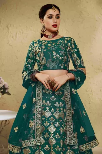 Fascinating Green Sequins And Thread Embroidered Silk Indian Wedding Lehenga Dress For Bride