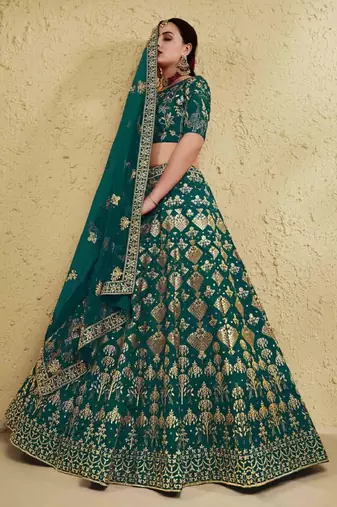Fascinating Green Sequins And Thread Embroidered Silk Indian Wedding Lehenga Dress For Bride