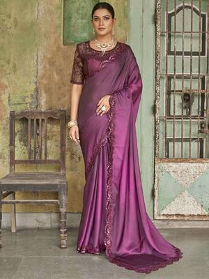 Sensational Wine Sequined Embroidered Satin Party Wear Designer Saree With Blouse 1