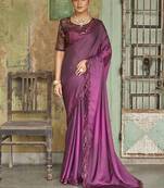 Sensational Wine Sequined Embroidered Satin Party Wear Designer Saree With Blouse