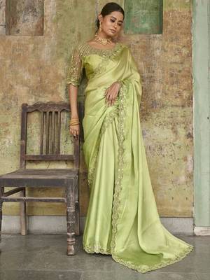 Lime-Green Sequined Satin Party Wear Wedding Saree With Blouse 1