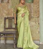 Lime-Green Sequined Satin Party Wear Wedding Saree With Blouse