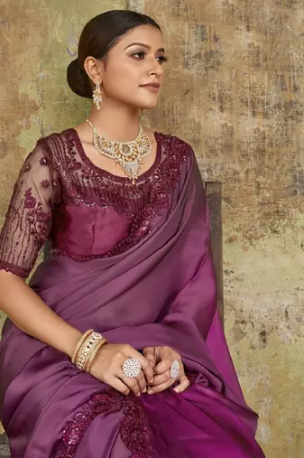 Sensational Wine Sequined Embroidered Satin Party Wear Designer Saree With Blouse