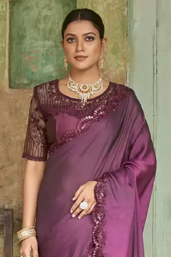 Sensational Wine Sequined Embroidered Satin Party Wear Designer Saree With Blouse