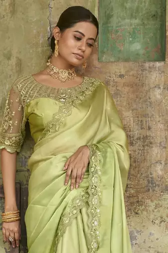 Lime-Green Sequined Satin Party Wear Wedding Saree With Blouse