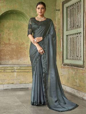 Stupendous Grey Sequined Satin Cocktail Party Wear Bollywood Saree With Blouse 1