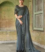 Stupendous Grey Sequined Satin Cocktail Party Wear Bollywood Saree With Blouse