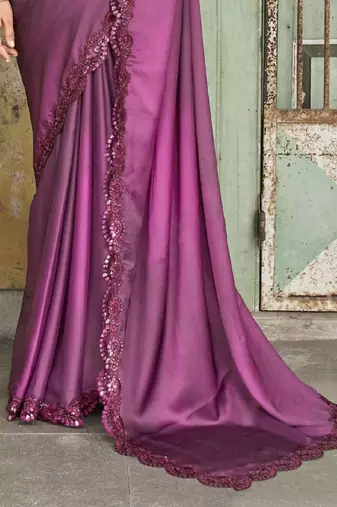 Sensational Wine Sequined Embroidered Satin Party Wear Designer Saree With Blouse