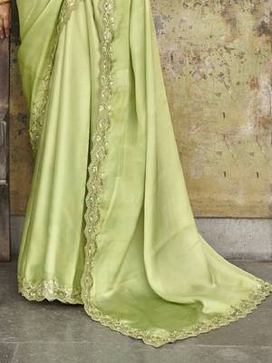 Lime-Green Sequined Satin Party Wear Wedding Saree With Blouse 4