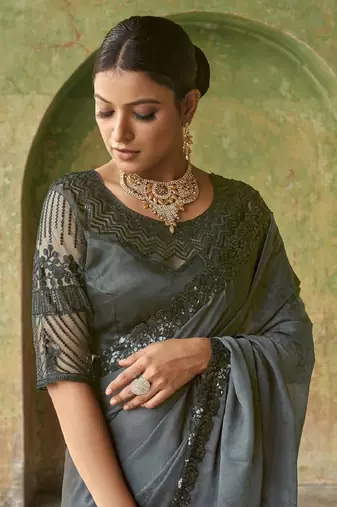 Stupendous Grey Sequined Satin Cocktail Party Wear Bollywood Saree With Blouse