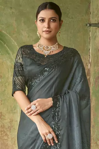 Stupendous Grey Sequined Satin Cocktail Party Wear Bollywood Saree With Blouse