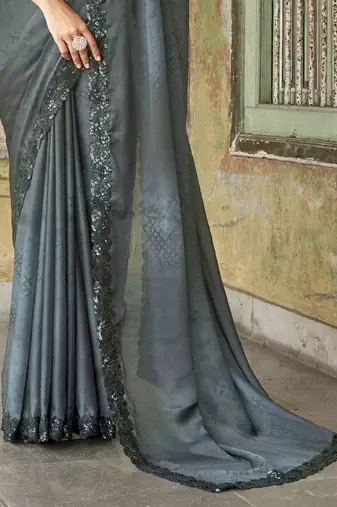 Stupendous Grey Sequined Satin Cocktail Party Wear Bollywood Saree With Blouse