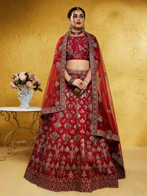 Fascinating Red Sequins And Thread Embroidered Silk Indian Lehenga Wedding Dress 1