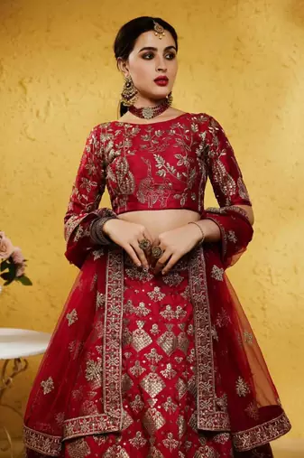 Fascinating Red Sequins And Thread Embroidered Silk Indian Lehenga Wedding Dress