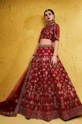 Fascinating Red Sequins And Thread Embroidered Silk Indian Lehenga Wedding Dress