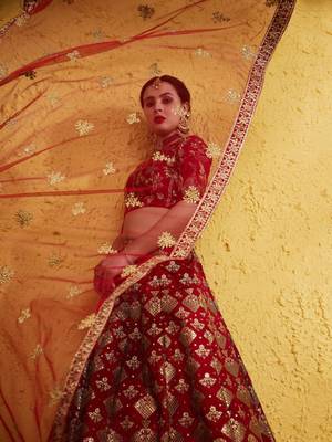 Fascinating Red Sequins And Thread Embroidered Silk Indian Lehenga Wedding Dress 5