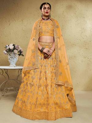 Styling Yellow Sequins And Thread Embroidered Silk Indian Bride Lehenga Dress Latest 1
